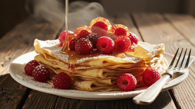 Stack of pancakes with raspberries and syrup on plate