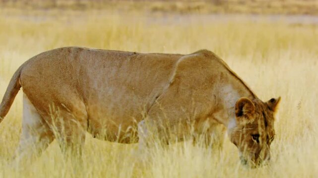 Full body close up of a majestic Lion, panthera leo walking in Savanah of Mabuasehube, Botswana, South Africa 