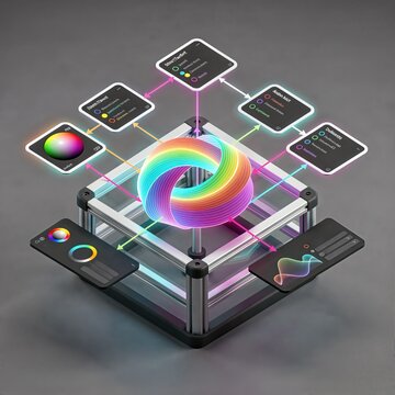 Isometric futuristic color space conversion workflow diagram with a holographic gamut nexus.