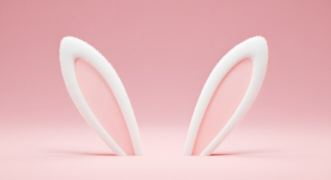 Pair of fluffy white bunny ears on soft pink background symbolizing easter and spring season