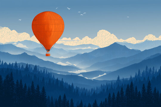 Orange Hot Air Balloon Floating Over Blue Mountains, Peaceful Travel and Adventure Landscape Concept