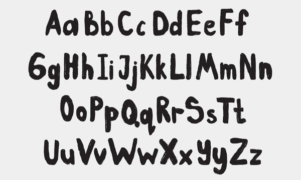 Hand drawn English alphabet in black color. Vector sketch illustration in vintage crayon charcoal style. Brush drawn grunge typography. Lowercase and uppercase letters.