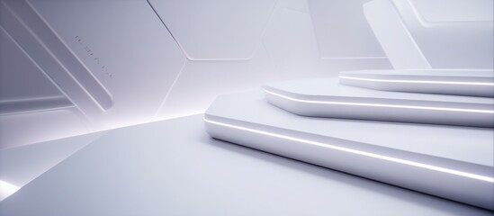 hyperrealistic futuristic platform with layered geometric surfaces, subtle LED edge lighting, soft white environment, cutting edge innovation