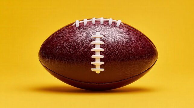 A close-up of a brown American football on a bright yellow background. The ball features white laces and stitching, emphasizing its design and texture.