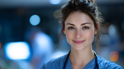 Fototapeta premium A young Caucasian woman with brown hair smiles in a medical setting. She wears scrubs and a stethoscope around her neck, exuding professionalism and care.