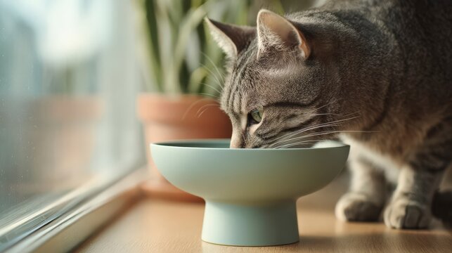 A gray tabby cat drinks water from a modern, light blue bowl. The scene is bright with natural light coming through a window, and a plant is visible in the background.