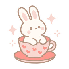 Fototapeta premium A cute cartoon bunny sitting in a pink teacup with hearts and stars around it