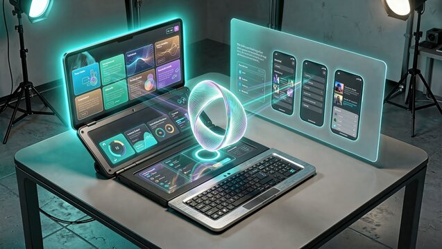 Cyber-deck dashboard projecting UI panels in three-point studio lighting