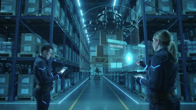 Two technicians in smart uniforms operate tablets in automated warehouse; holographic UIs float above conveyor path, LED-guided aisles and robotic lift visible. Footage for logistics tech industry .