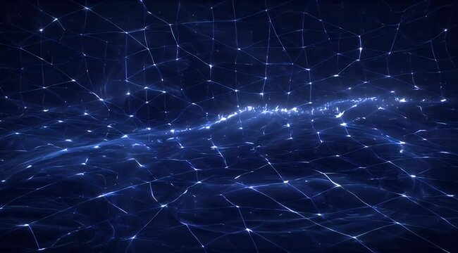 Abstract network of luminous nodes and lines forming a dark, undulating digital landscape