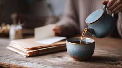 A person pours tea from a blue ceramic teapot into a matching cup. The setting features a wooden table with folders and a cozy atmosphere.