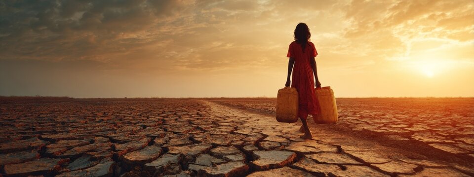 Young Girl Carrying Heavy Water Container Across Cracked Ground at Sunset in a Dry Landscape