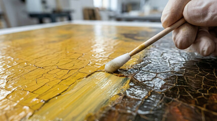 Obraz premium Close-up of an art restorer using a micro-swab to clean dark aged varnish from a classic cracked oil painting