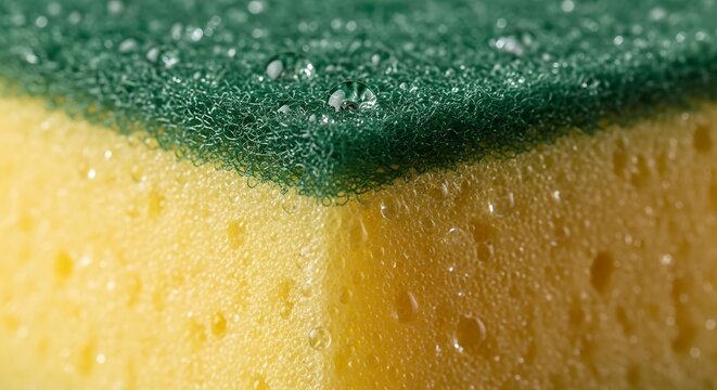 Absorbent cleaning sponge detailed macro shot, with liquid droplets
