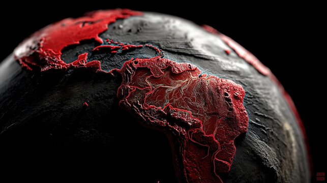 Globe terrestre stylis&eacute; avec continents rouges sur fond noir spatial