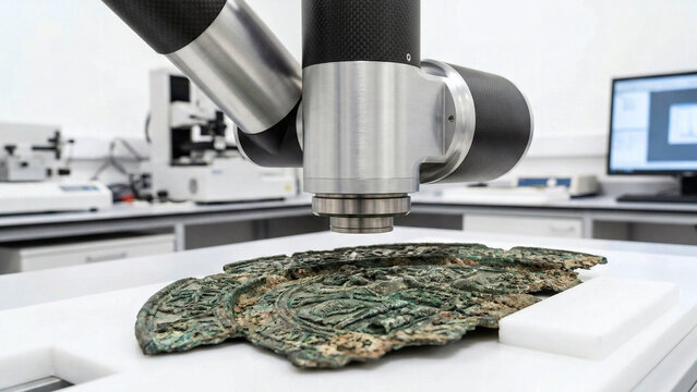 Advanced X-ray fluorescence scanner head hovering over a heavily tarnished green bronze ancient artifact in a laboratory