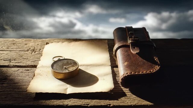 Compass and Map on Wood Board in Sunlight with Leather Case