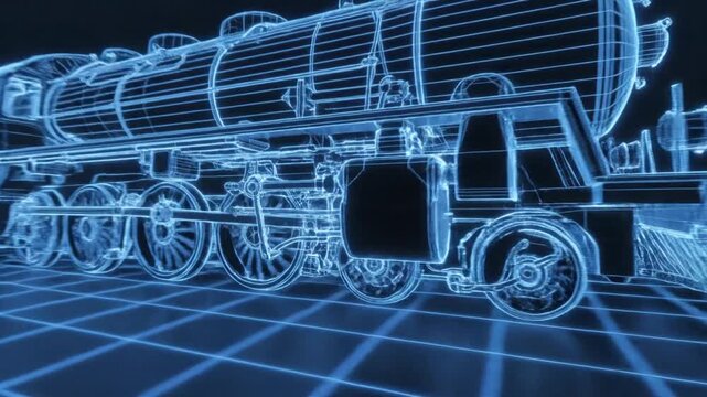 A digital wireframe steam locomotive speeds across a glowing grid, symbolizing advanced technology