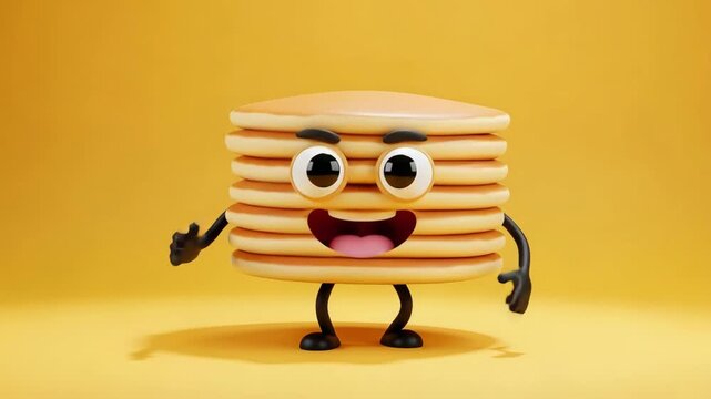 Animated pancake character waving arm with happy face and googly eyes 4K Ai HD high quality video.