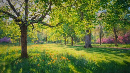 hyperrealistic park scene with fresh green trees and blooming flowers, sunlight filtering through branches, vibrant spring palette, peaceful yet