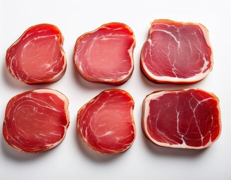 six slices of cured meat are laid out in a grid pattern on a white background each slice has a unique marbling and texture demonstrating differences in color and fat content