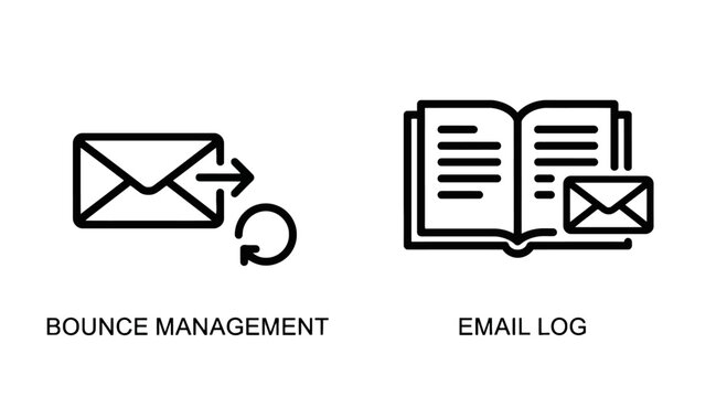 Email icons: bounce management with arrow loop and email log book, managing undeliverable messages and communication history