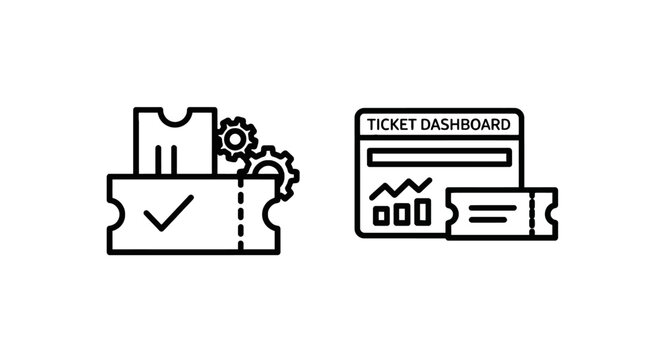 Ticket icons with gears and a ticket dashboard with charts, representing ticket management systems, process flow, and data analysis.