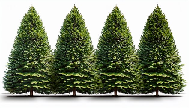 four evergreen trees are arranged in a row showcasing their rich green foliage each tree has a symmetrical shape creating a uniform appearance