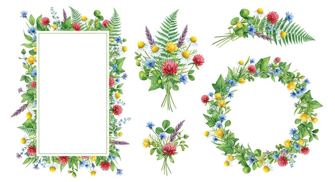 Floral Wreaths and Frames with Vibrant Flowers in Bright Pastel Colors on White Background for Wedding Invitations