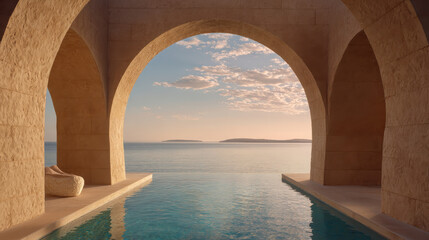 Fototapeta premium Luxury summer view over an infinity swimming pool framed by elegant stone arch, calm turquoise water reflecting soft golden sunset light, serene Mediterranean seascape