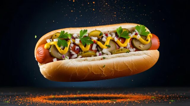 Hot dog with toppings floating in midair close- up view delicious fast food 4K Ai HD high quality video.