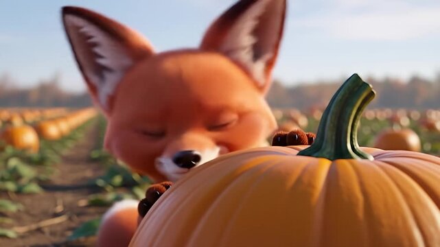 An adorable animated fox peeks playfully from behind a large pumpkin in a sunny field.