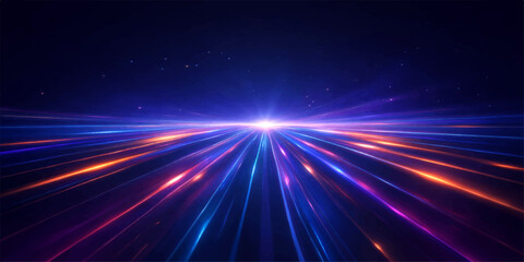 Fototapeta premium A bright abstract blue background featuring a glowing star design with laser light rays and energy flashes creates a shiny motion burst in this space night illustration