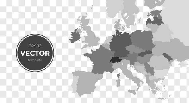 Monochrome map highlights Europe's nations and borders. Grayscale tones suit design or editorial layouts. Simple shapes and clean edges enhance modern visuals. Ideal for presentations, infographics