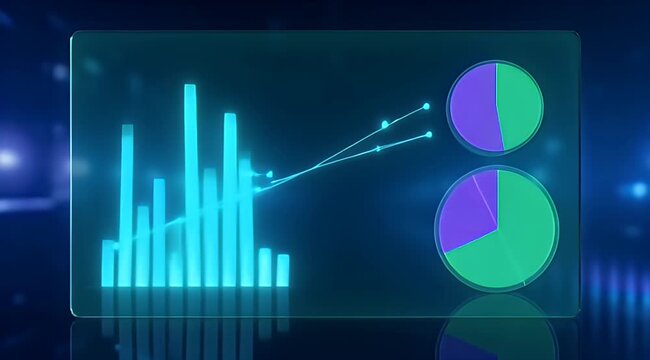 Glowing blue bar chart, line graph, and pie charts on futuristic display