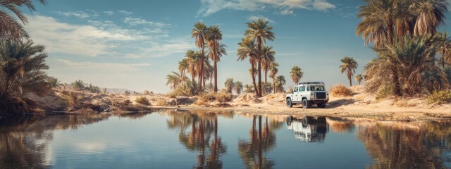 Fototapeta premium Scenic Adventure Through Desert Oasis with Car by Reflective Water Body and Palm Trees in Background