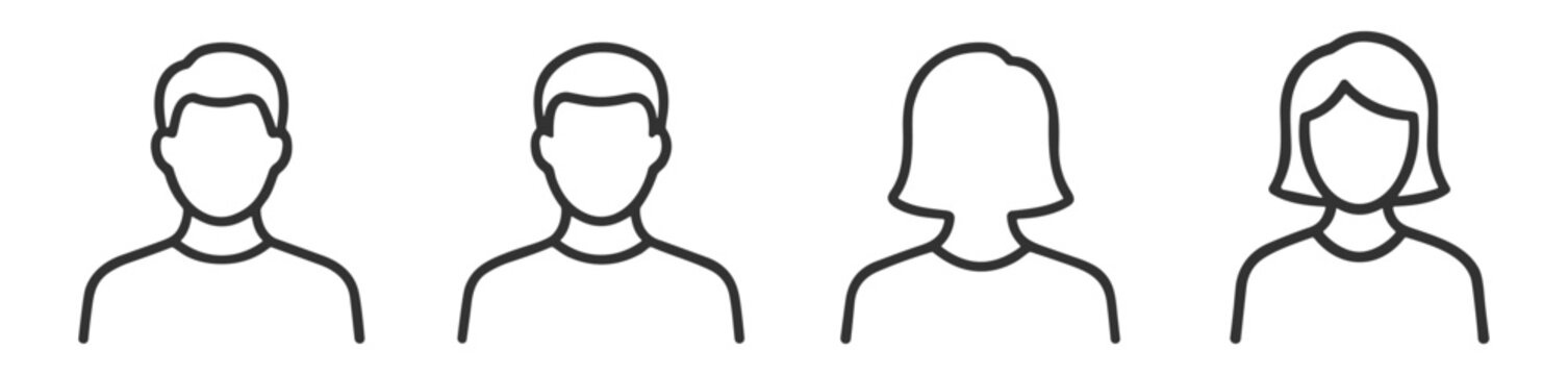 User avatar profile outline icons set, male and female person account symbols in minimal line style on transparent background