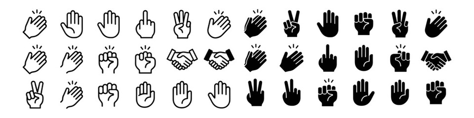 Obraz premium Hand gesture icons set, clap handshake fist peace finger sign and communication symbols on transparent background
