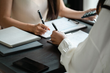 Corporate professionals reviewing details of business deal in office meeting room
