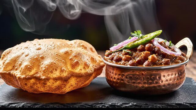 Warm golden bhature served with spicy chickpea curry on dark background captures the essence of Indian street food at its best and most flavorful