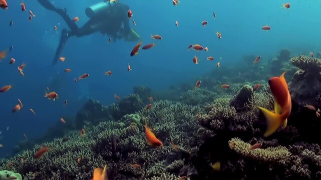 A diver embarks on an enchanting underwater adventure, navigating through an expanse of thriving coral. Bright orange fish create a living mosaic as they weave through the colorful reef in daylight.