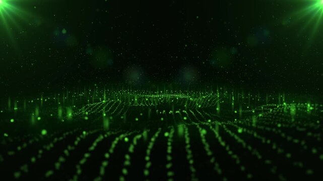Technology digital wave background concept.Beautiful motion waving dots texture with glowing defocused particles. Cyber or technology green background.
