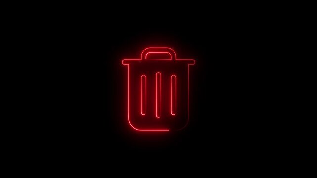 glowing red neon trash can icon on a dark black background waste bin symbol for digital interface delete or remove concept minimalist tech aesthetic retro futuristic electric light