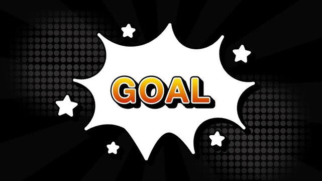 Goal text word lettering popup comic cartoon reveal with bomb and smoke explosion manga anime book page dots with radial speed lines doodle black background with seamless loop animation retro goals