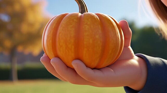 A person holding a small pumpkin in their hand, with an autumn background.