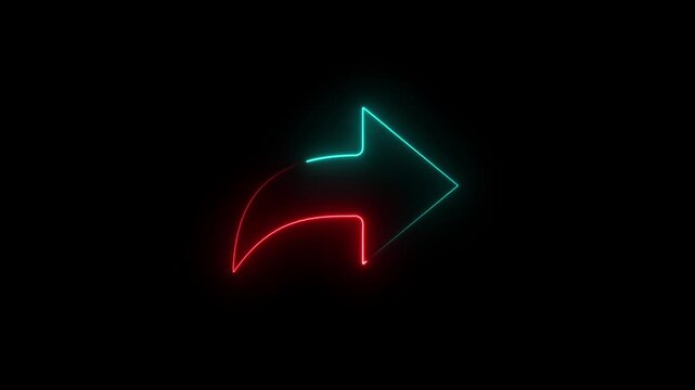 neon share icon with glowing red and cyan lines on a dark black background, futuristic social media communication symbol and directional arrow button design