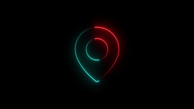 minimalist neon glowing map pin icon in red and cyan colors on black background, futuristic digital location marker for navigation and technology concepts