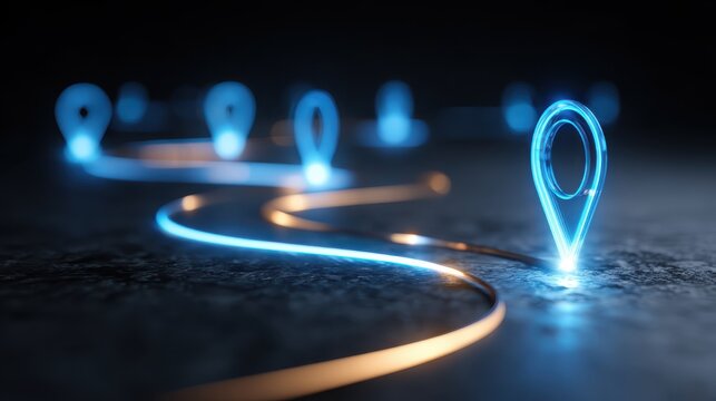 Futuristic Digital Map Markers on Dark Background with Glowing Pathway Technology Concepts for Navigation and Geolocation in Modern Applications