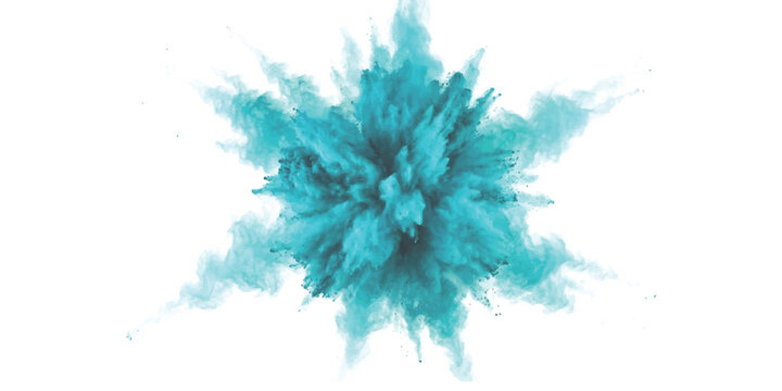 A dynamic and energetic burst of vibrant cyan powder exploding against a clean white background.