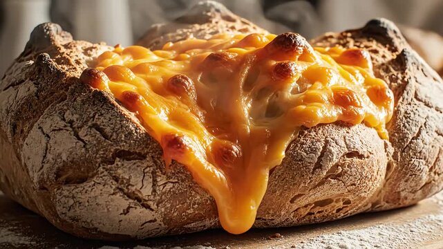 Baked bread bowl filled with melted cheese overhead studio shot